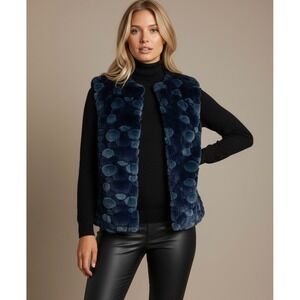 Vintage Moffi International Large Blue Faux Fur Bubble Vest Navy Teal Gilet